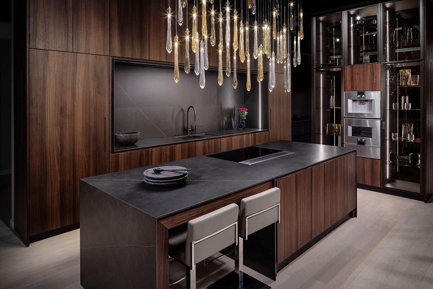 Architectural image taken for Boston area kitchen design company of showroom featuring their dark kitchen angle number 2