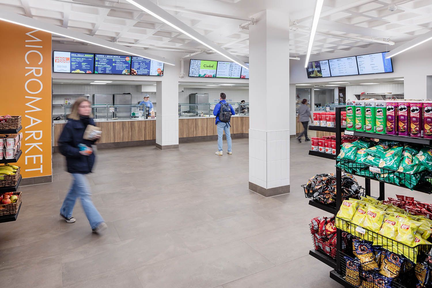 Boston area college architectural photograph showing take out food options and onsite mircomarket. Image taken for Boston architectural firm