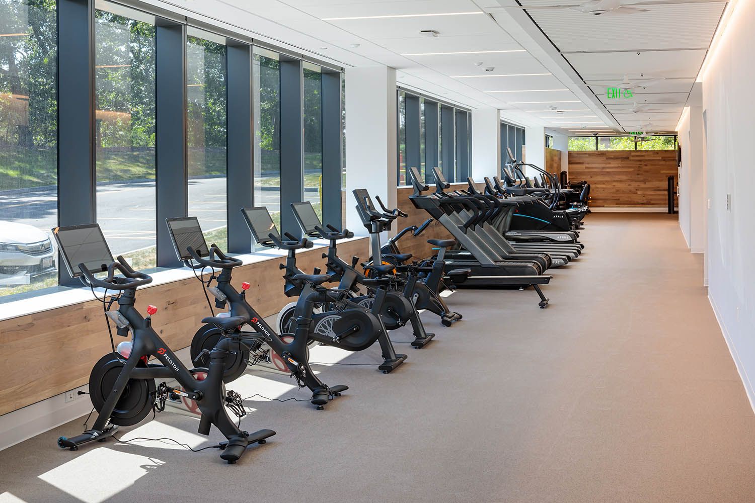 New office and life sciences building in Waltham MA architectural photography of gym facilities for Boston building developers