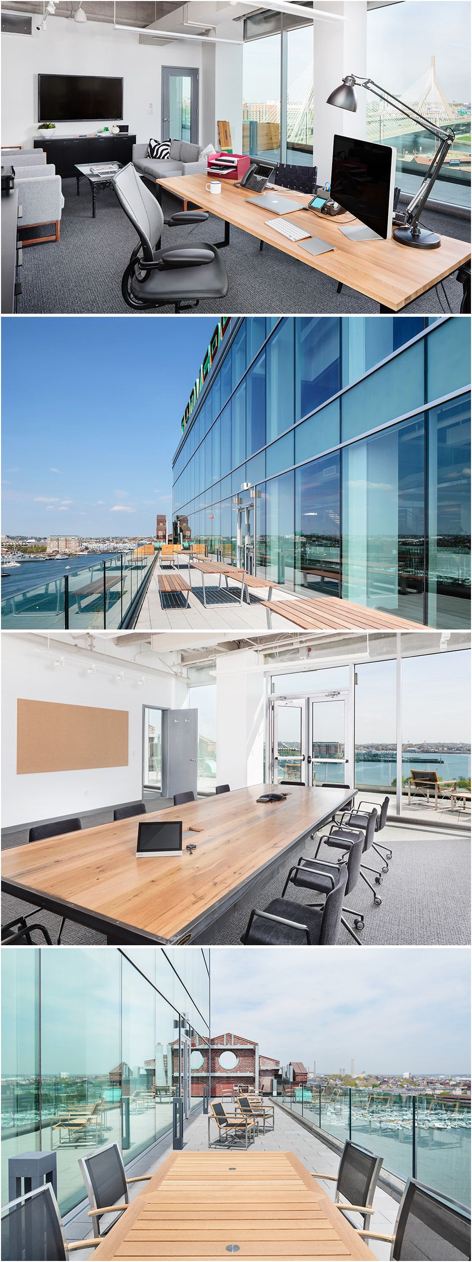 Architectural photograph of Bostons Converse headquarters interiors, showing CEO office space and exterior balcony spaces and common areas.