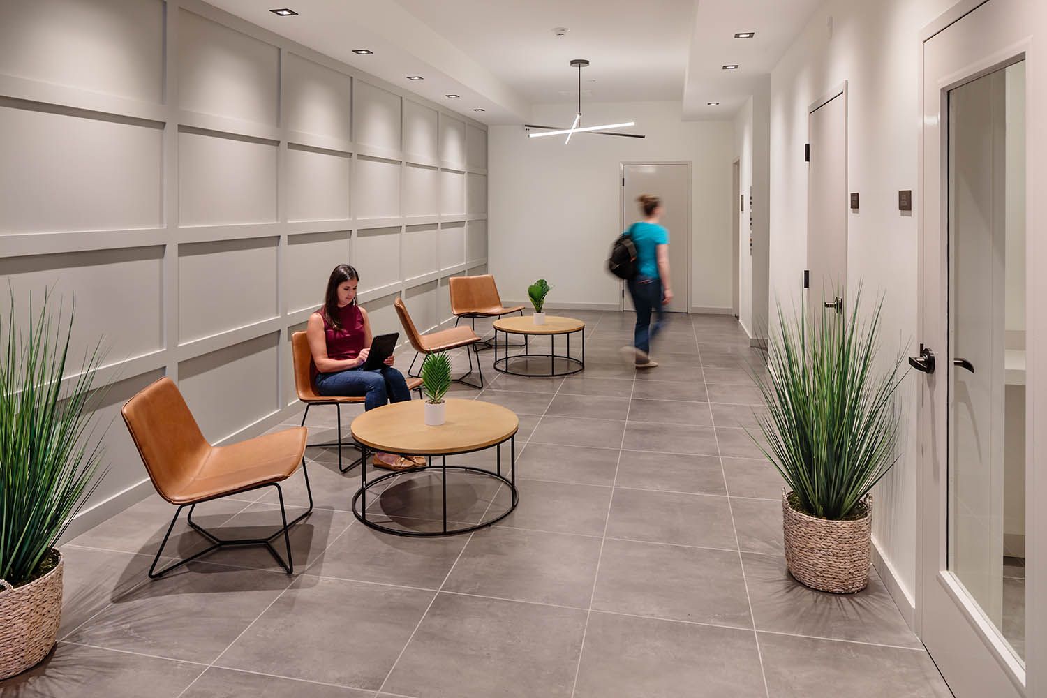 Architectural image taken for Boston area architects Bergmeyer of a new office to residential conversion in Medford common area and lobby