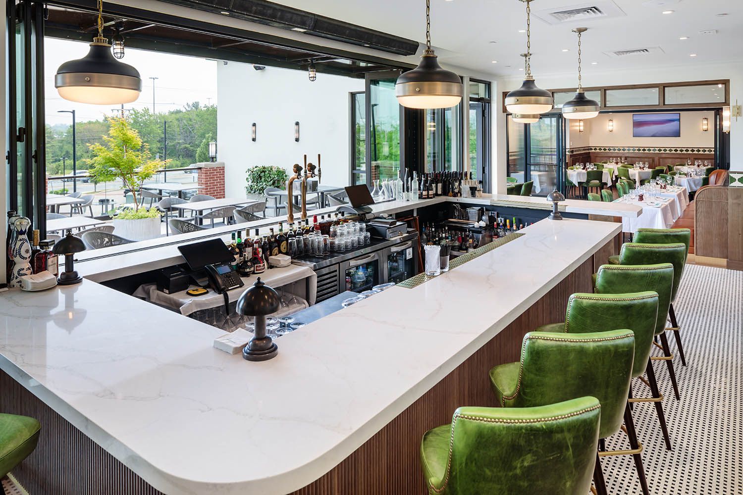 Architectural Image for Boston area restaurant showing one of the side bar areas and access to the outside elevated deck area.