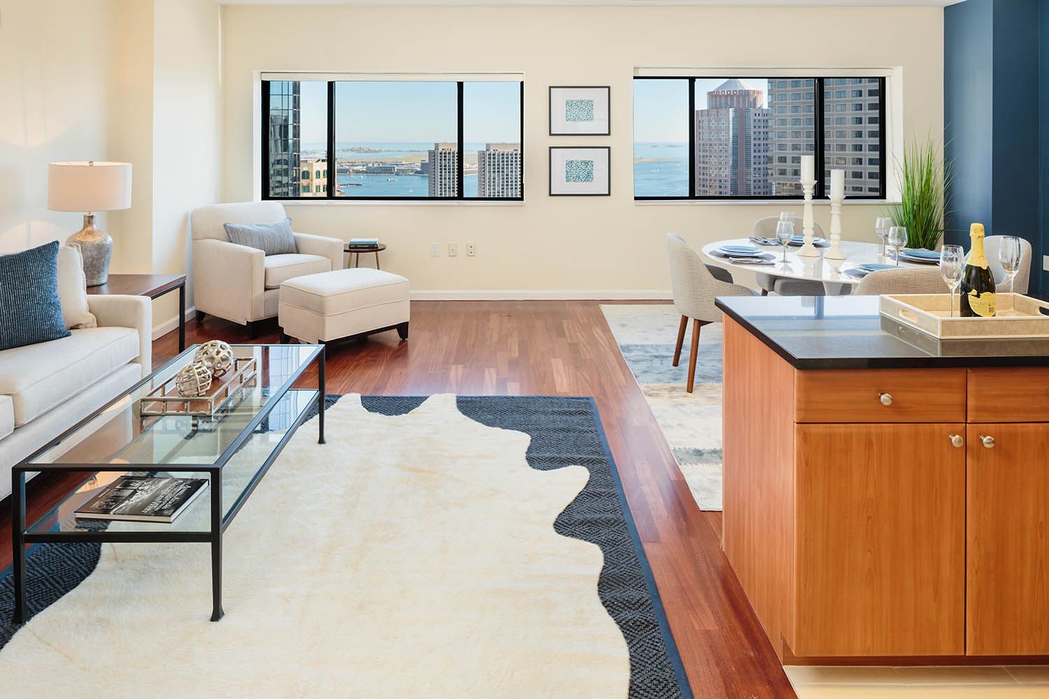 Interior architectural image taken for Boston area real estate agent showing main living room area on the 35th floor
