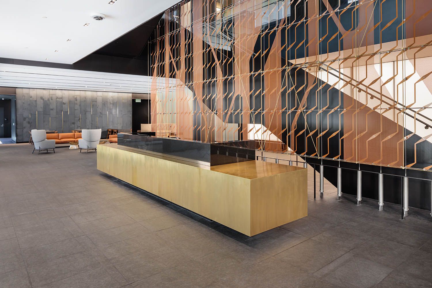 New office life sciences building in Waltham MA architectural photography of main reception desk and artwork for Boston building developers
