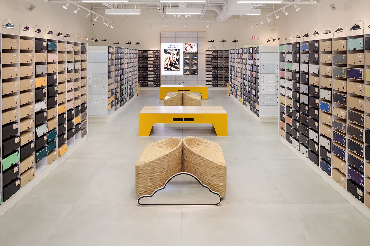 THE MAIN VIEW OF THE INTERIOR DESIGN LAYOUT OF A BOSTON AREA SHOE STORE SHOWCASING THE ARCHITECTURAL DETAILS
