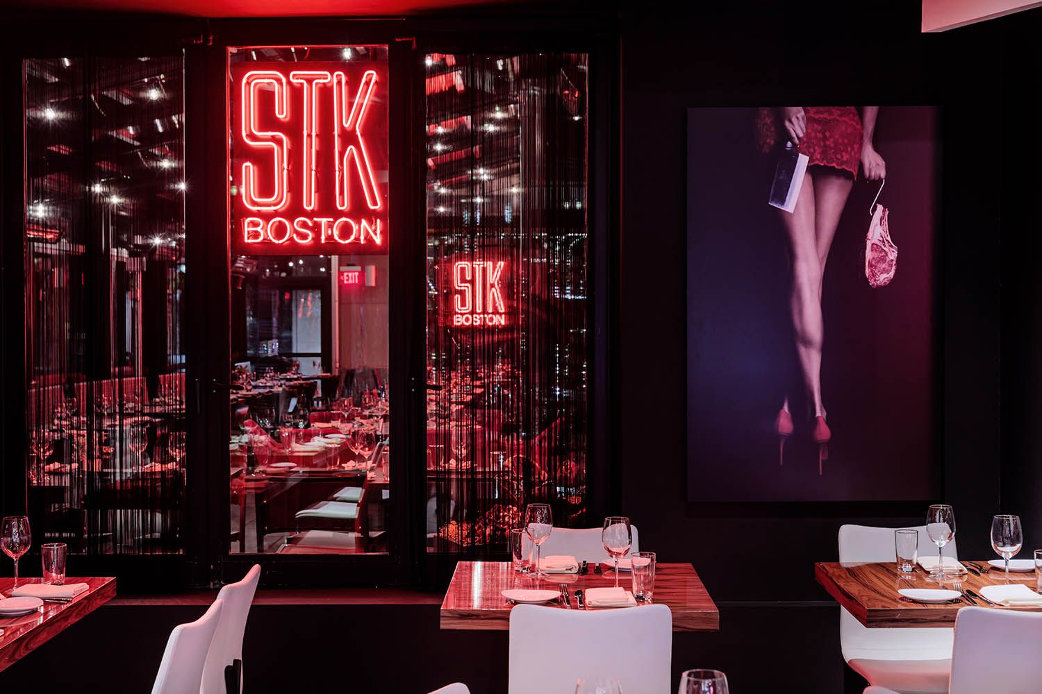 Boston restaurant photograph of side dining room details of STK location near Copley Sq to showcase architecture and artwork