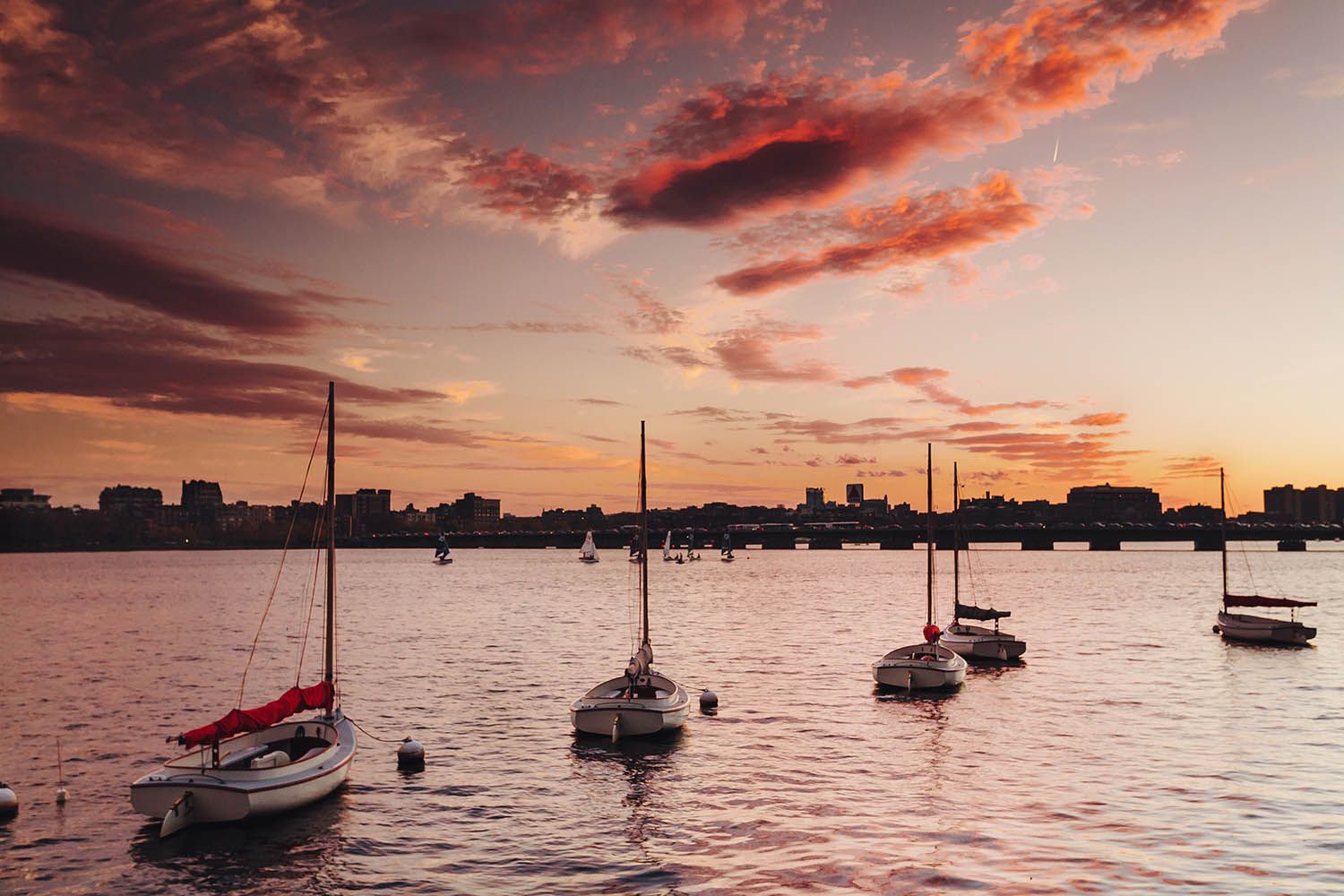 Color landscape photograph showing boats on the Charles River in Boston at sunset with clouds in the sky and the city skyline in view