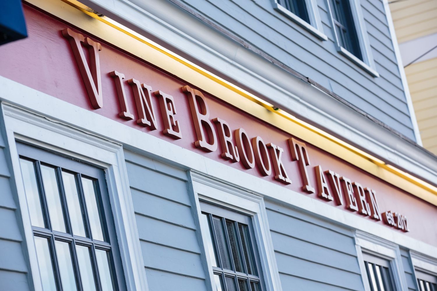 VINE BROOK TAVERN SIGNAGE ON FRONT ARCHITECTURAL IMAGE FOR RESTAURANT.