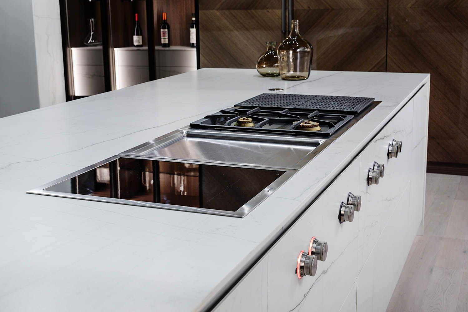 Architectural image taken for Boston area kitchen design company of showroom featuring their light kitchen angle number 1