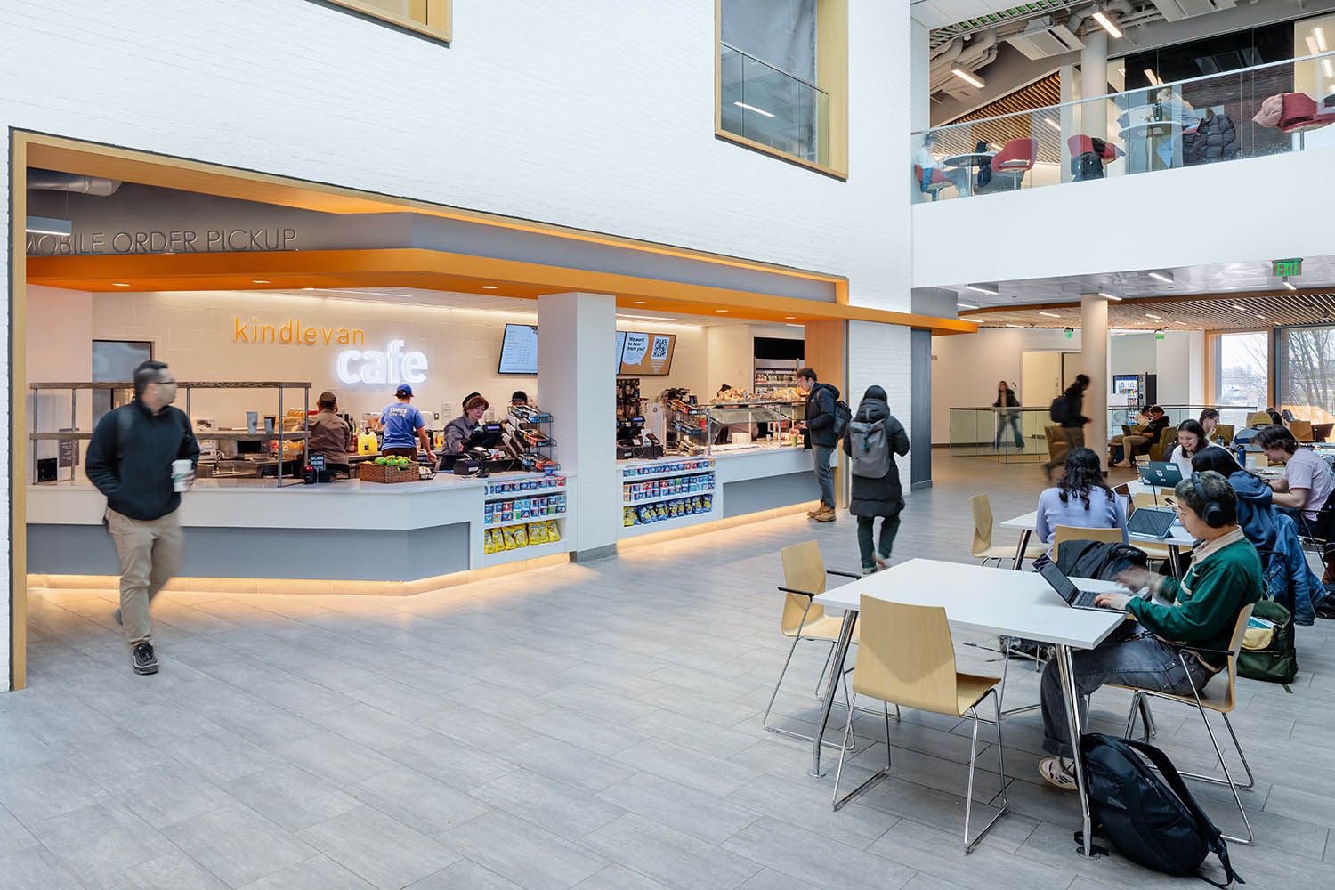 Boston area college architectural photograph showing dining facilities onsite and study areas close by.