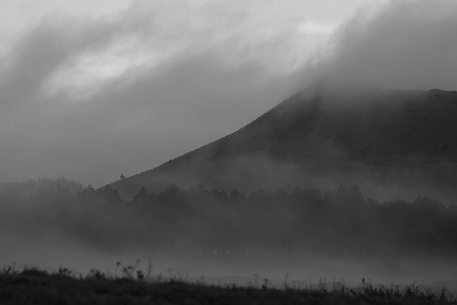BLACK AND WHITE LANDSCAPE PHOTOGRAPH TAKEN IN THE AZORES INTERIOR OF ISLAND WITH FOG AROUND THE MOUNTAIN