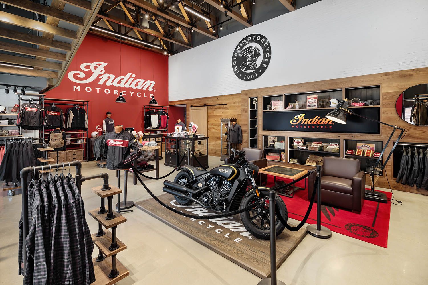 Architectural photograph of MGM Casino in Springfield MA showing one of the onsite stores interiors with motor bikes and clothing for sale