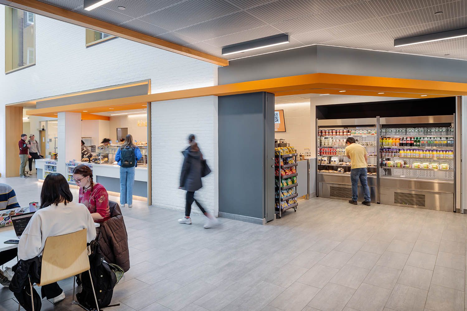Boston area college architectural photograph showing dining facilities onsite and study areas close by angle number two