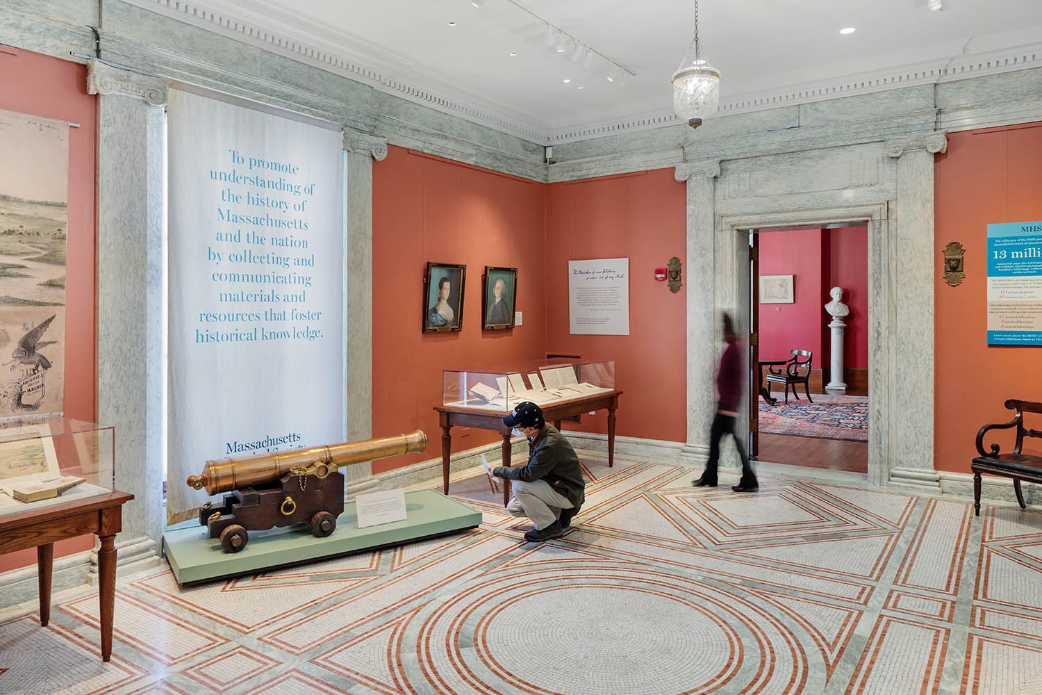Architectural photograph of Massachusetts historical society location in Boston showing one of the exhibits in place on the second floor