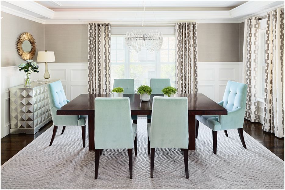 Architectural photograph of Boston home interior design by Laura Wilmerding of Newton home showing the main dining space and furniture.