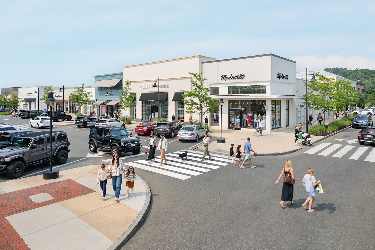 ARCHITECTURAL RETAIL PHOTOGRAPHY OF NEW ENGLAND MALL LOCATED JUST OUTSIDE OF BOSTON MASSACHUSETTS LOTS OF PEOPLE WALKING NEAR SHOPS