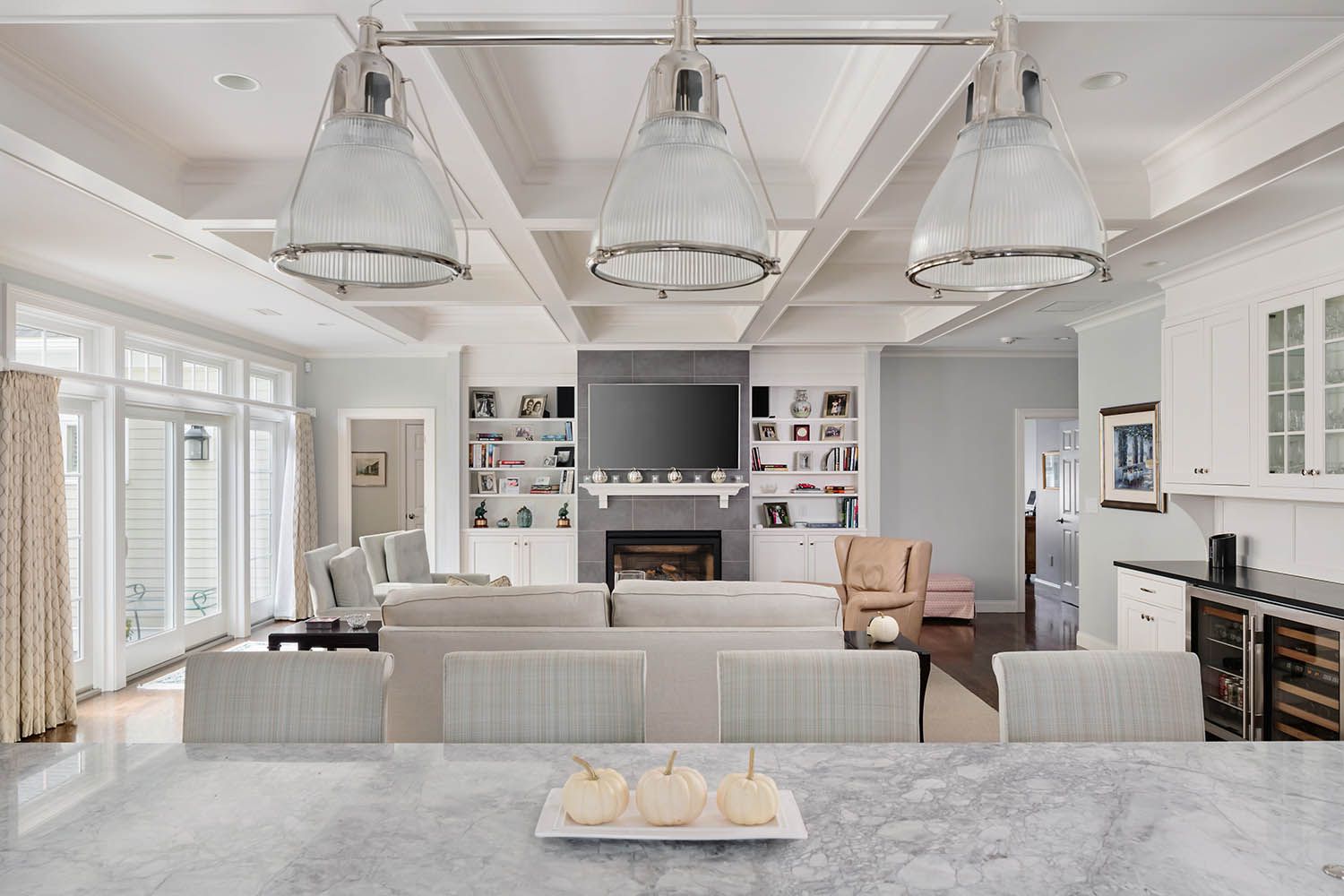 Interior architectural image taken for Boston area general contractor new residential renovation in Newton MA living room view from kitchen