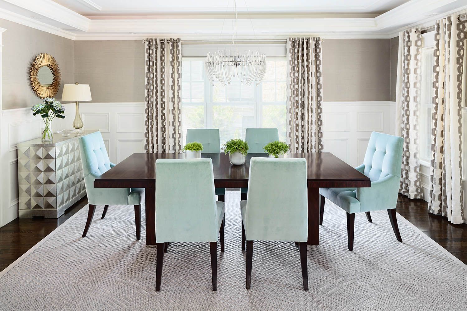 Interior design photography by architectural photographer Roberto Farren in Newton MA dining room setting with styled furniture