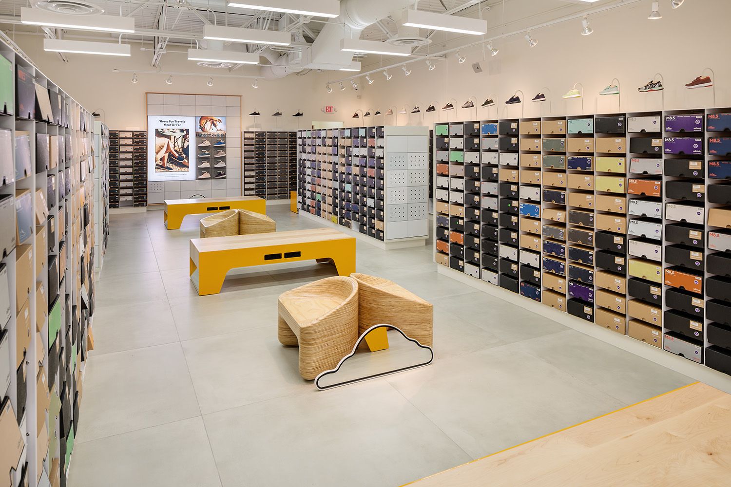 AN ANGLED VIEW OF THE MAIN INTERIOR SPACE OF A BOSTON BASED SHOE COMPANY TAKEN FOR THE ARCHITECTS