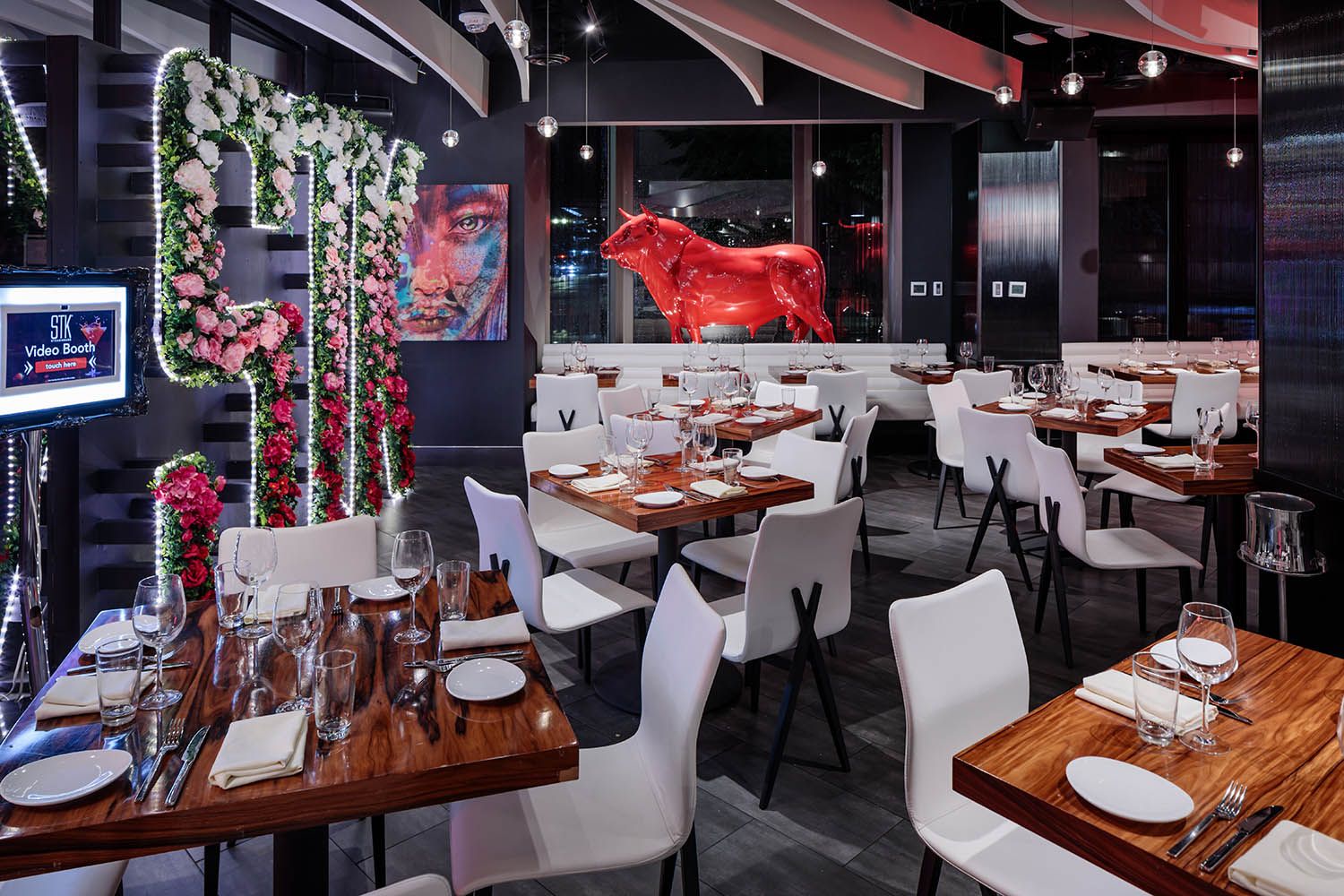 Boston restaurant photograph of main dining room details of STK location near Copley Sq to showcase architecture and artwork