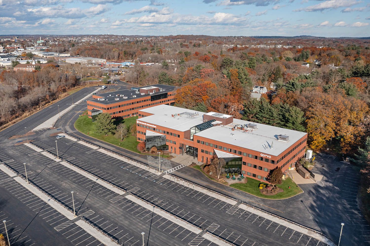 Architectural aerial photograph in Boston of medical facility taken for commercial real estate purposes