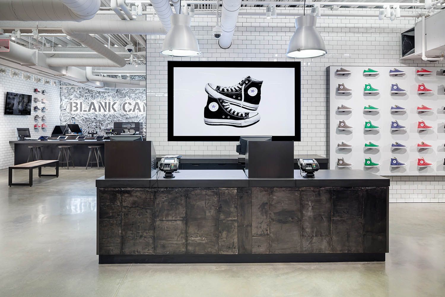 Boston architectural photograph by Roberto Farren of Converse retail location at Lovejoy Wharf showing the interior retail store