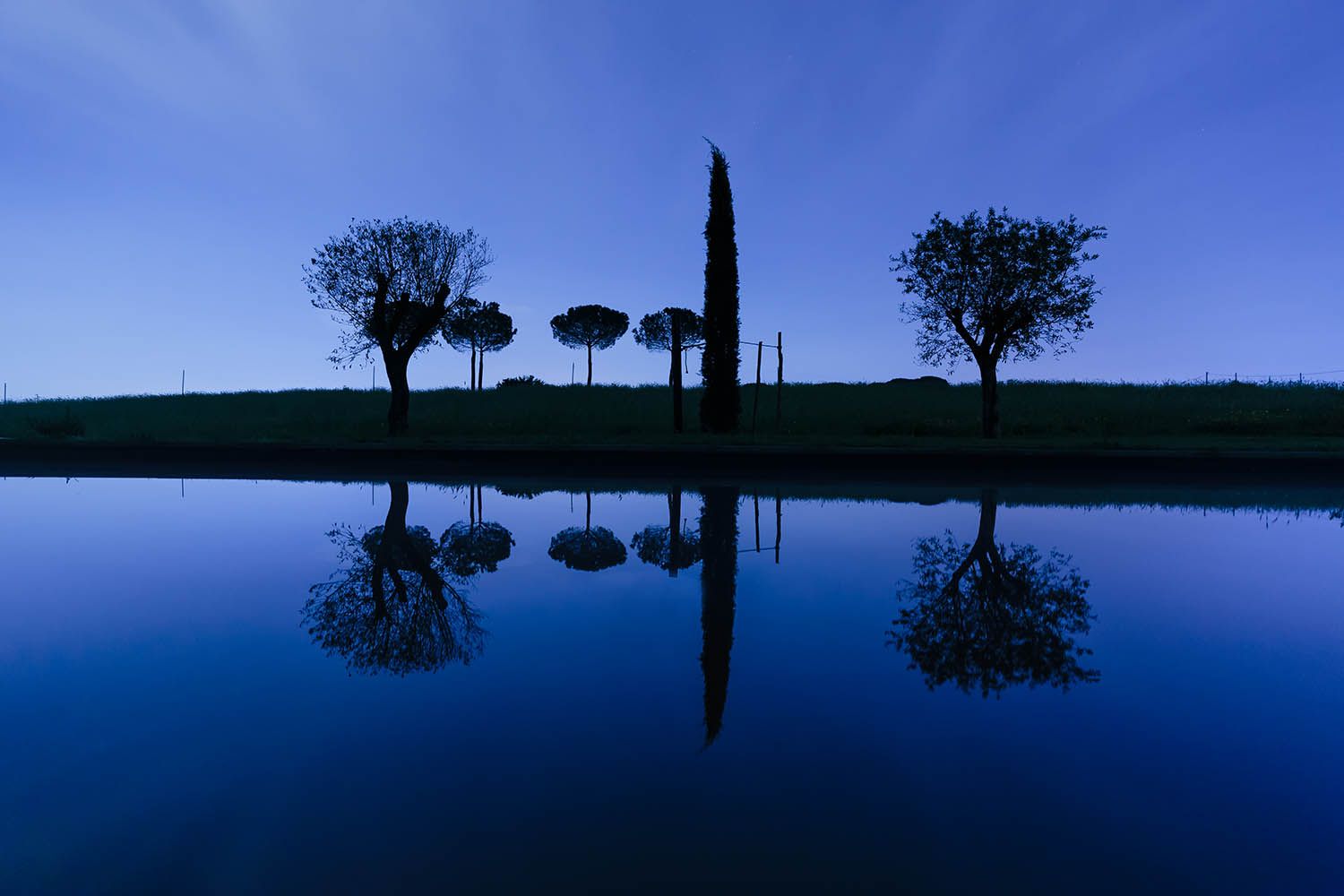 Color landscape photograph of silhouetted trees along side a river near Rome Italy after the sun has gone down.