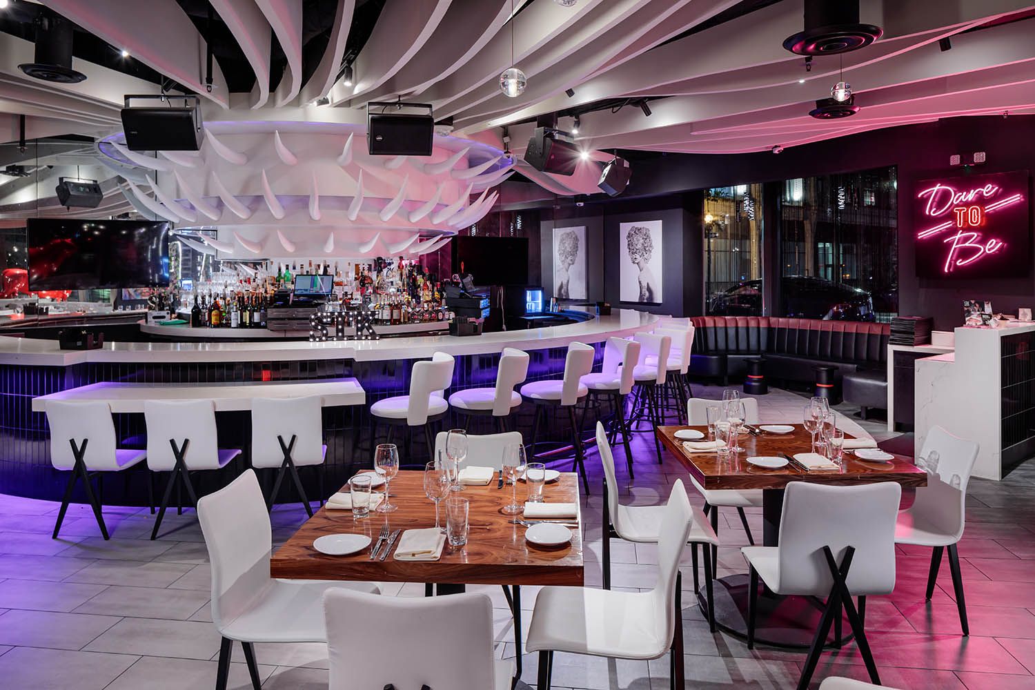 Boston restaurant photograph of bar and seating area details of STK location near Copley Sq to showcase architecture and materials used.