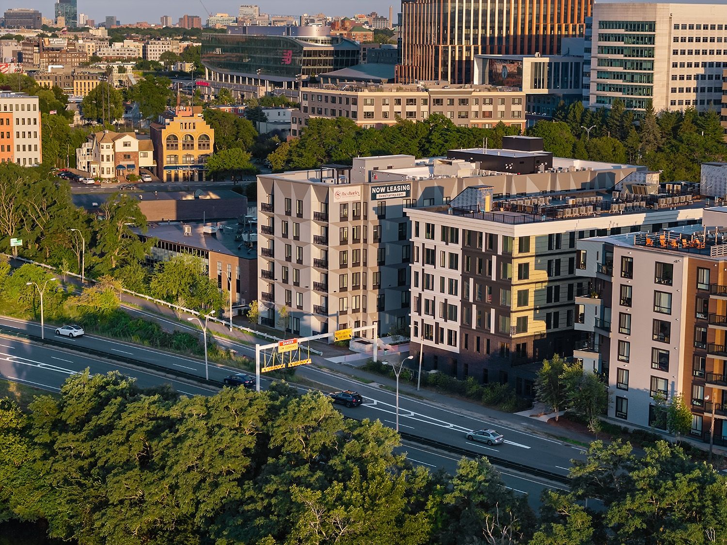 THE CHARLEY NEW RESIDENTIAL DEVELOPMENT DRONE IMAGE CAPTURED OVER THE CHARLES RIVER IN BOSTON