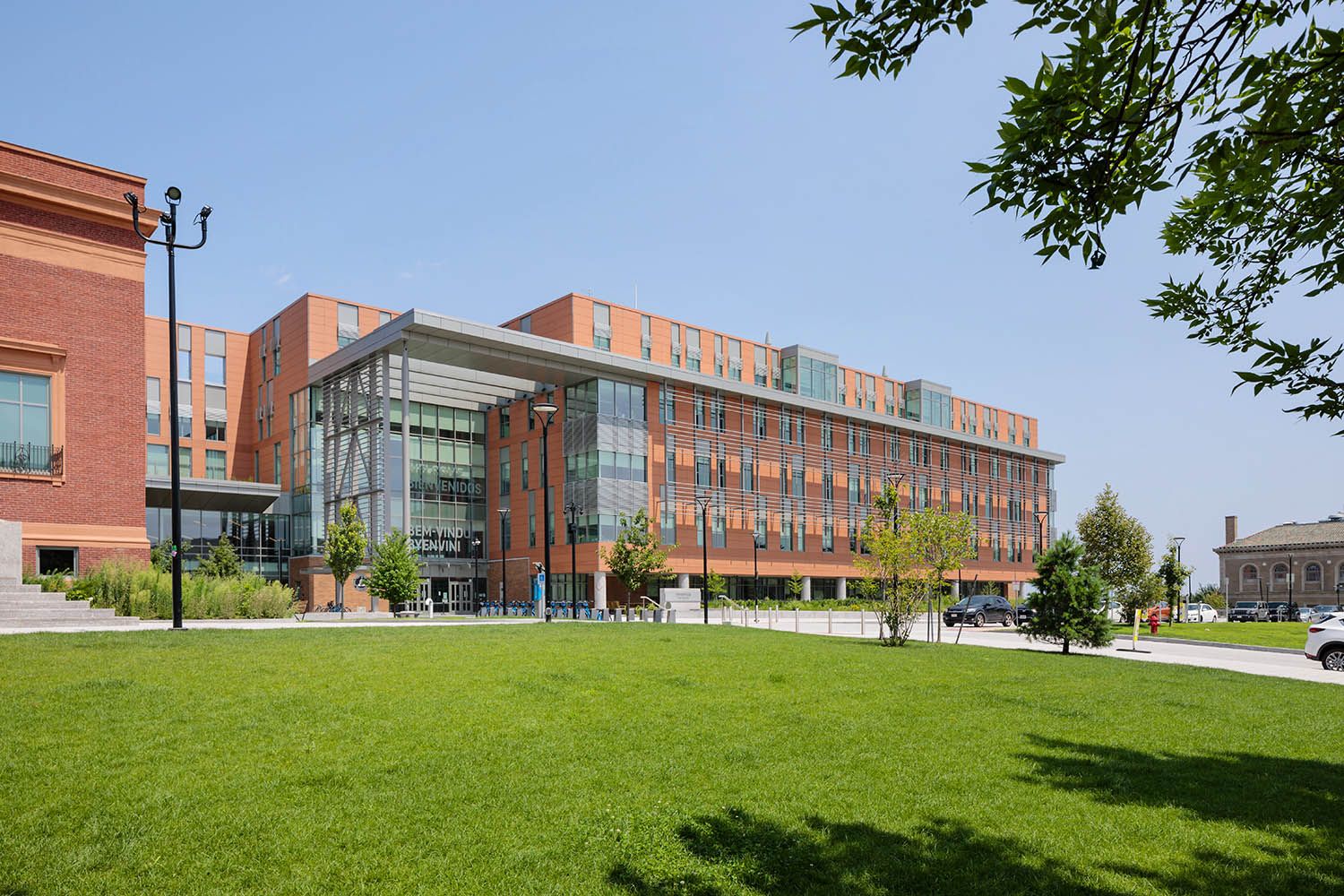 Exterior architectural image of new Somerville school build near Boston MA to show the location, design and materials used in this new space