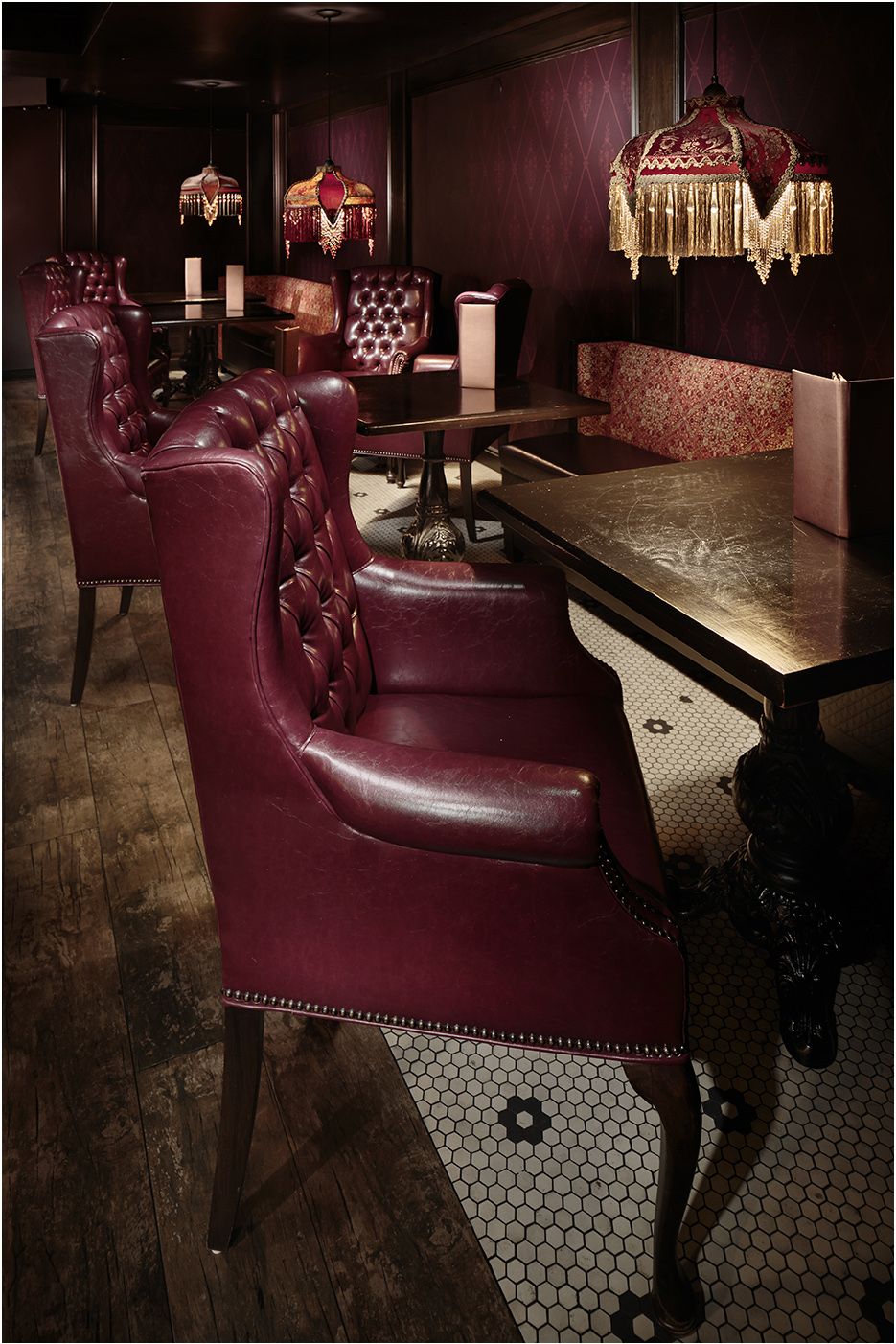 Architectural restaurant and bar photography of Carrie Nation in downtown Boston MA showing  single private seating area