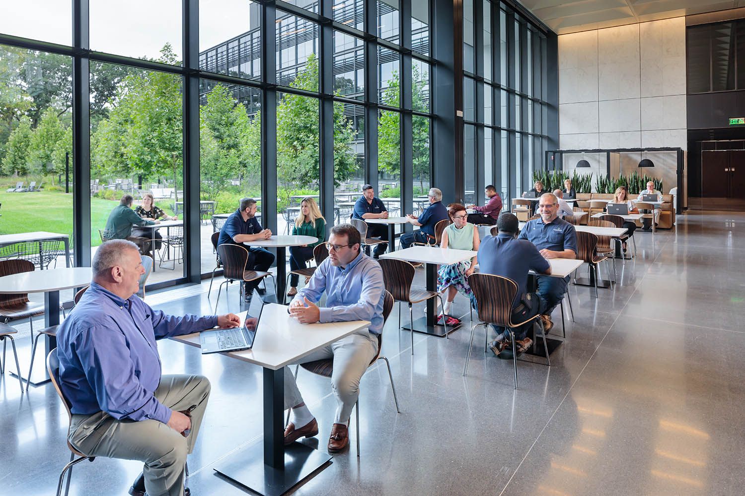 New office and life sciences building in Waltham MA architectural photography of dining room area for building developers with views
