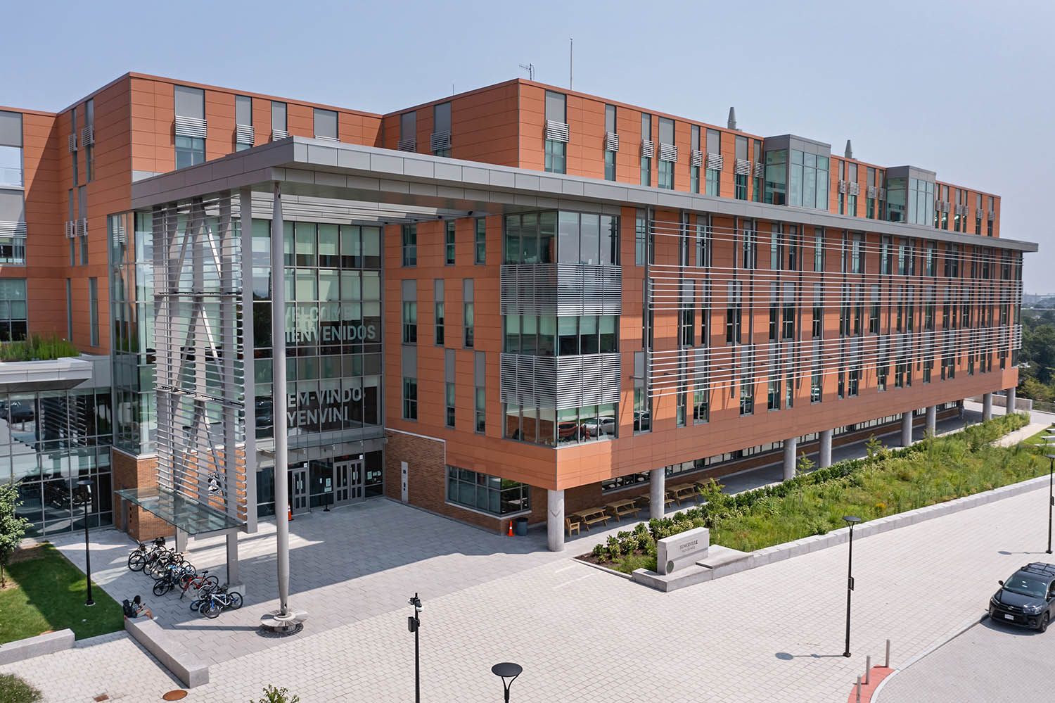 Architectural aerial photograph of school building in Somerville MA showcasing design elements and materials used.