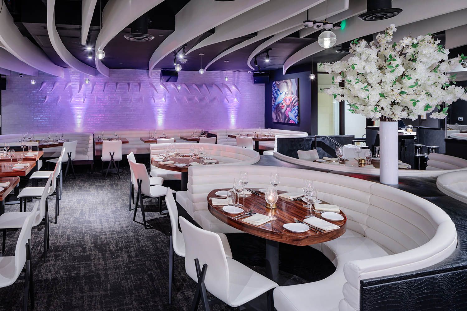 Boston restaurant photograph of private dining room details of STK location near Copley Sq to showcase architecture and design