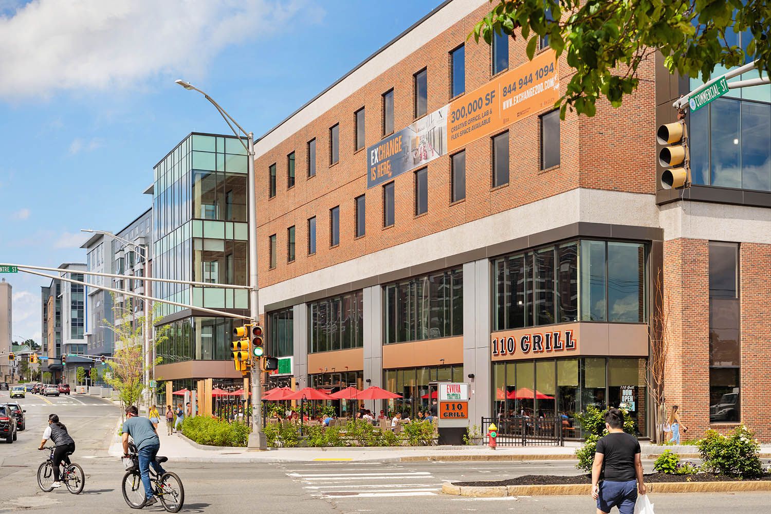 New life sciences building in Medford MA architectural photography of building exterior street level for Boston building developers