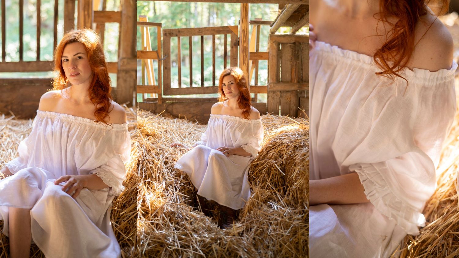 Ethereal white off-shoulder dress captured in warm sunlight on hay bales in a rustic setting.