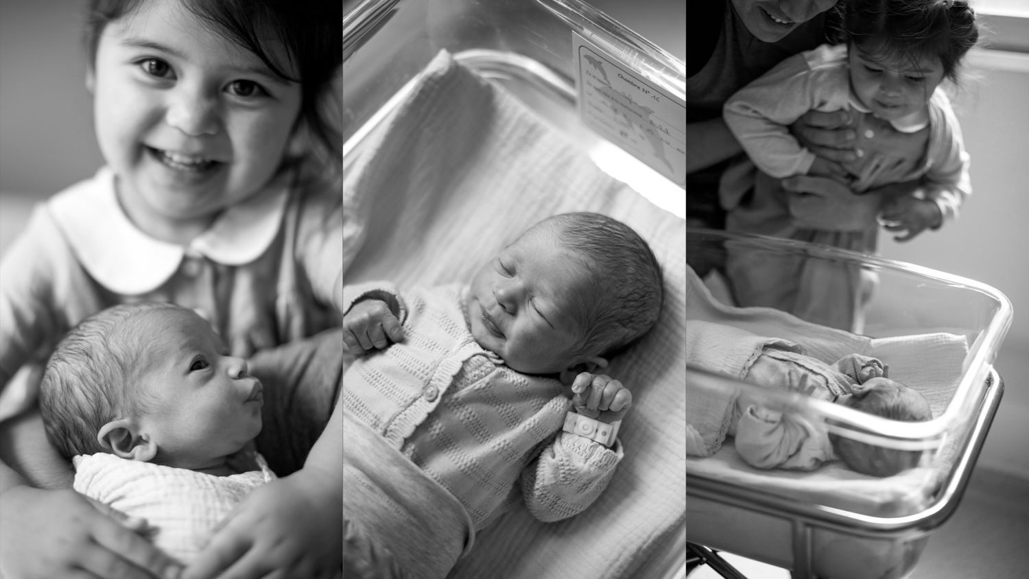 Black and white collage shows three hospital photos of newborn fresh 48 session in medical settings.