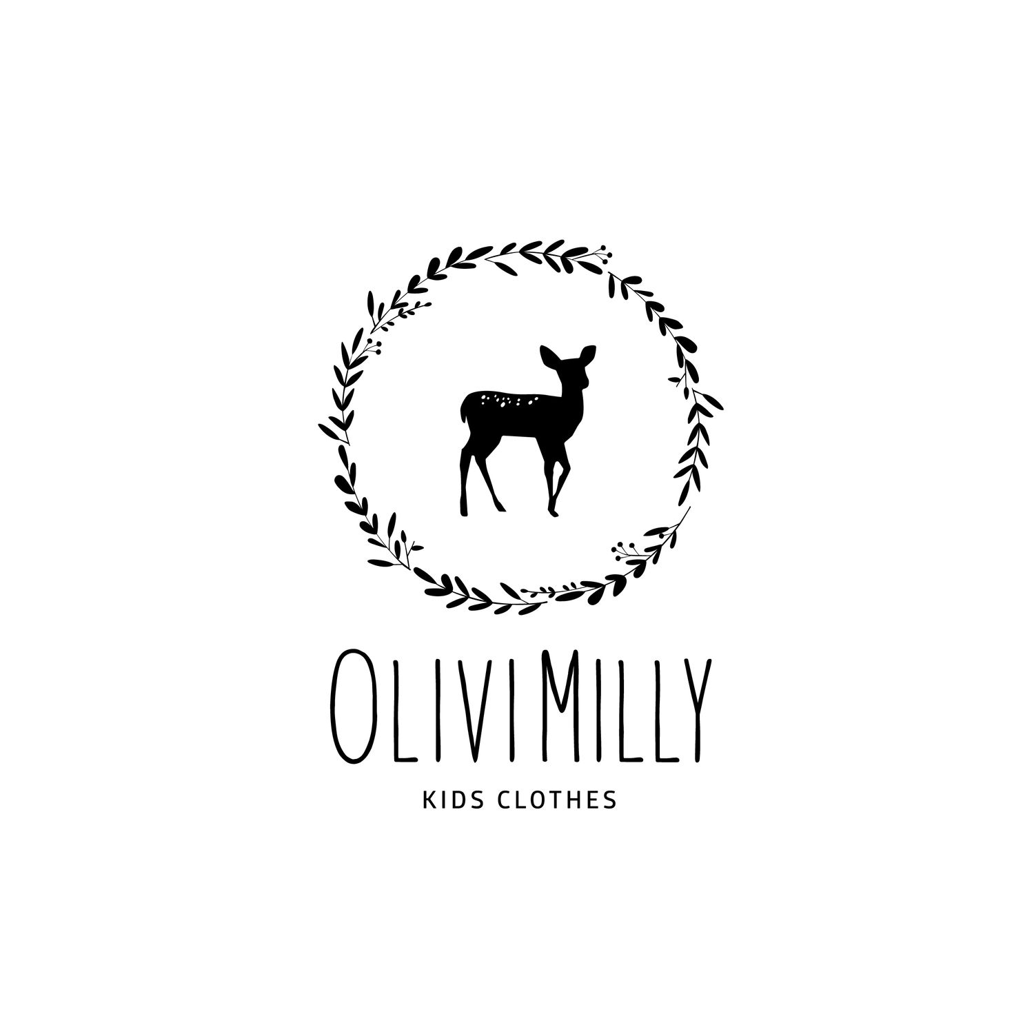 Minimalist black and white logo design featuring a deer silhouette in a wreath for kids clothing brand.