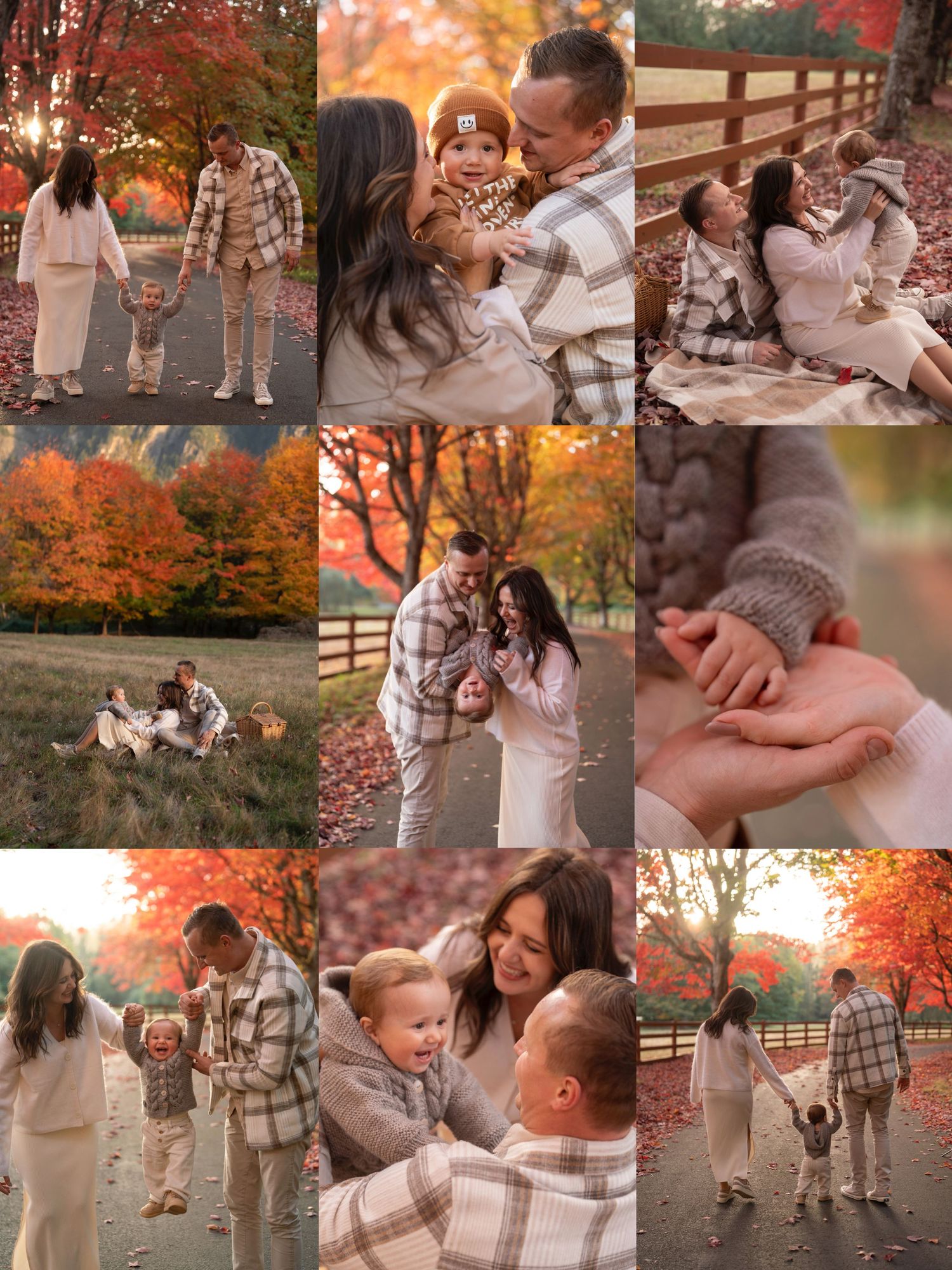 A collection of intimate outdoor family photos captured during autumn with warm orange foliage and rustic wooden fences.