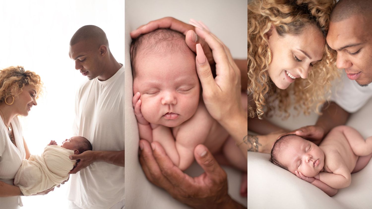 Three heartwarming photos show tender moments between parents and their sleeping newborn baby.