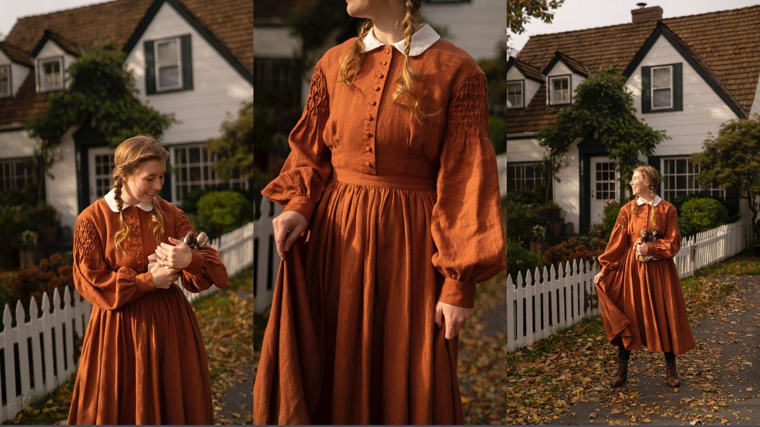 Rustic autumn scene featuring rust-colored prairie dresses against a white picket fence and cottage.