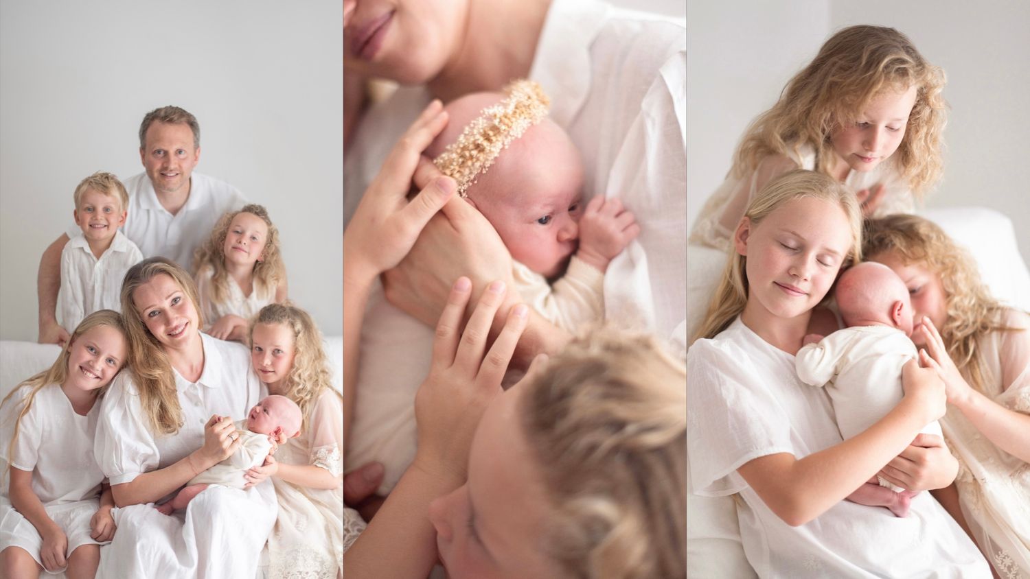 White-themed professional photo collage featuring tender lifestyle family moments with newborn baby in soft, natural light settings.