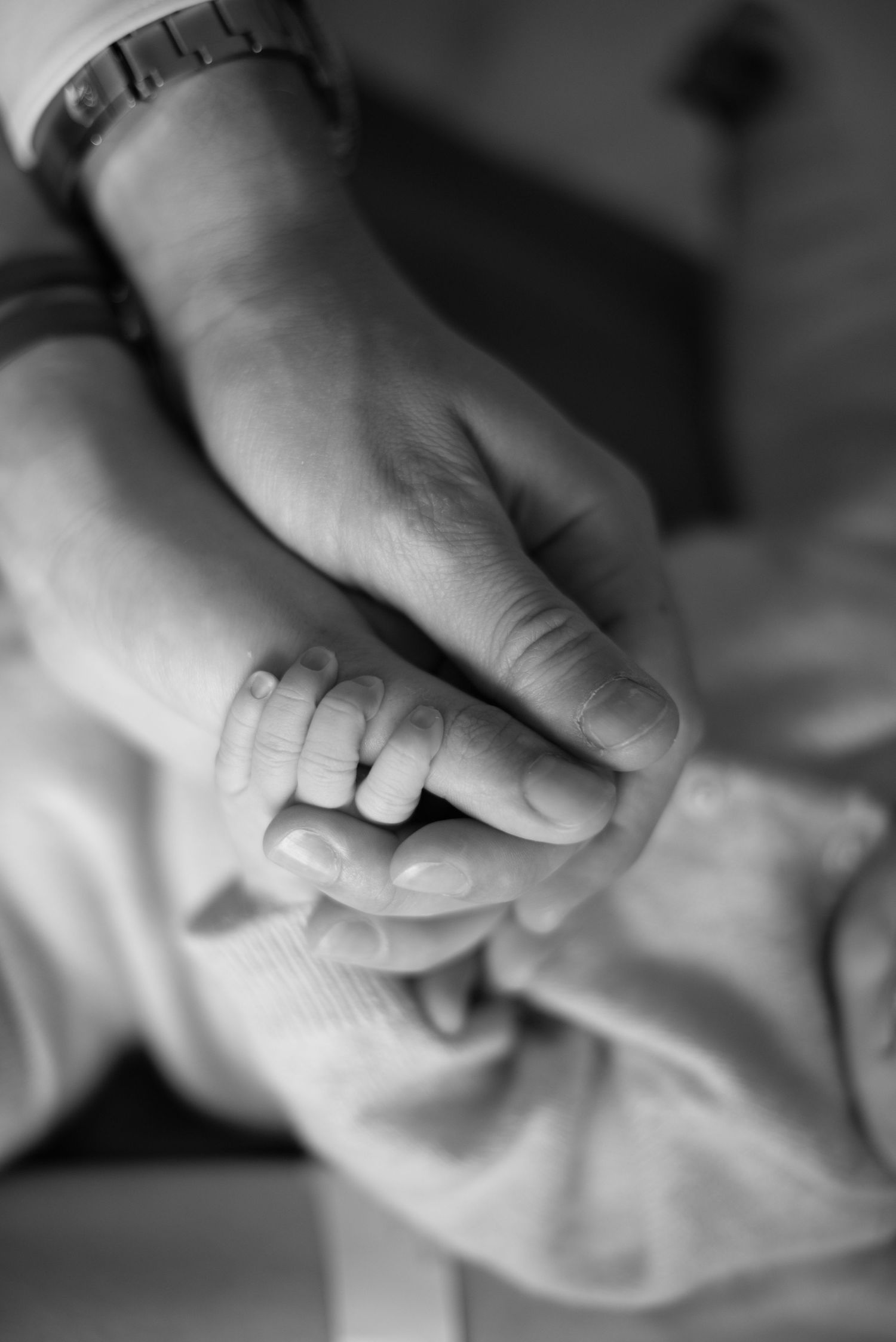 A close-up black and white photograph showing two hands tenderly clasped together in a gentle embrace.