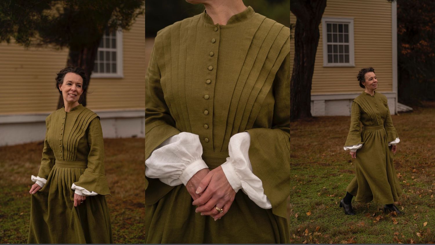 Olive green vintage-style dress with buttons shown in multiple angles against a colonial house.