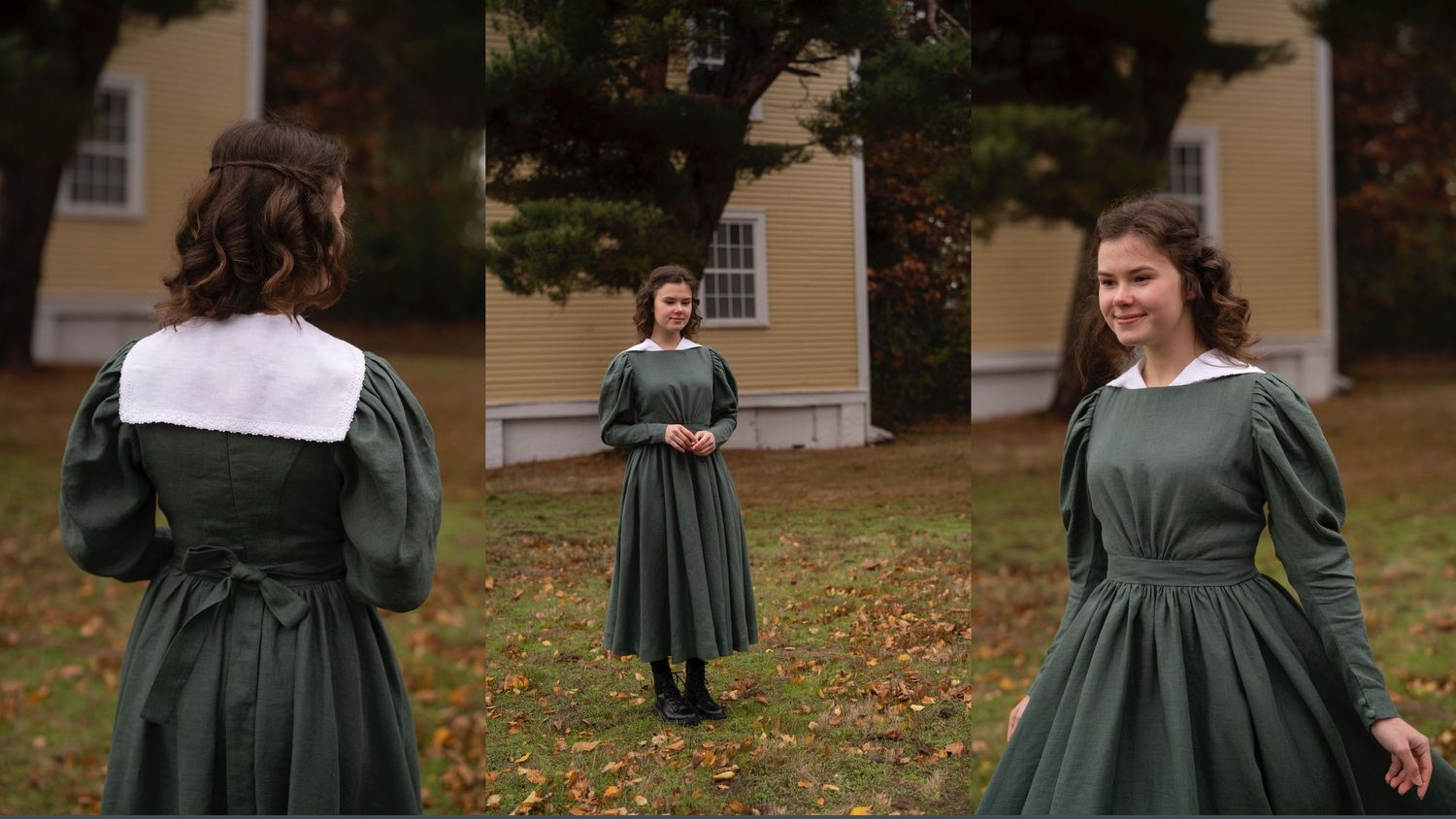 Forest green historical dresses shown in a triptych composition against an autumn backdrop.