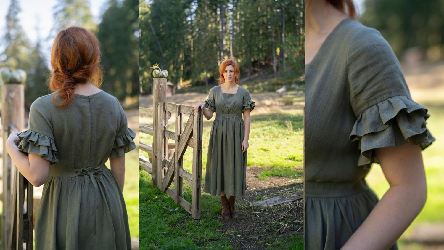 Forest green prairie dress with ruffled sleeves photographed near a rustic wooden fence.