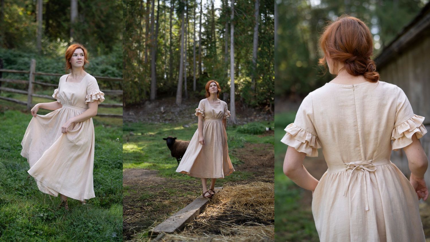 Three views of a vintage-style dress in a rustic woodland setting.