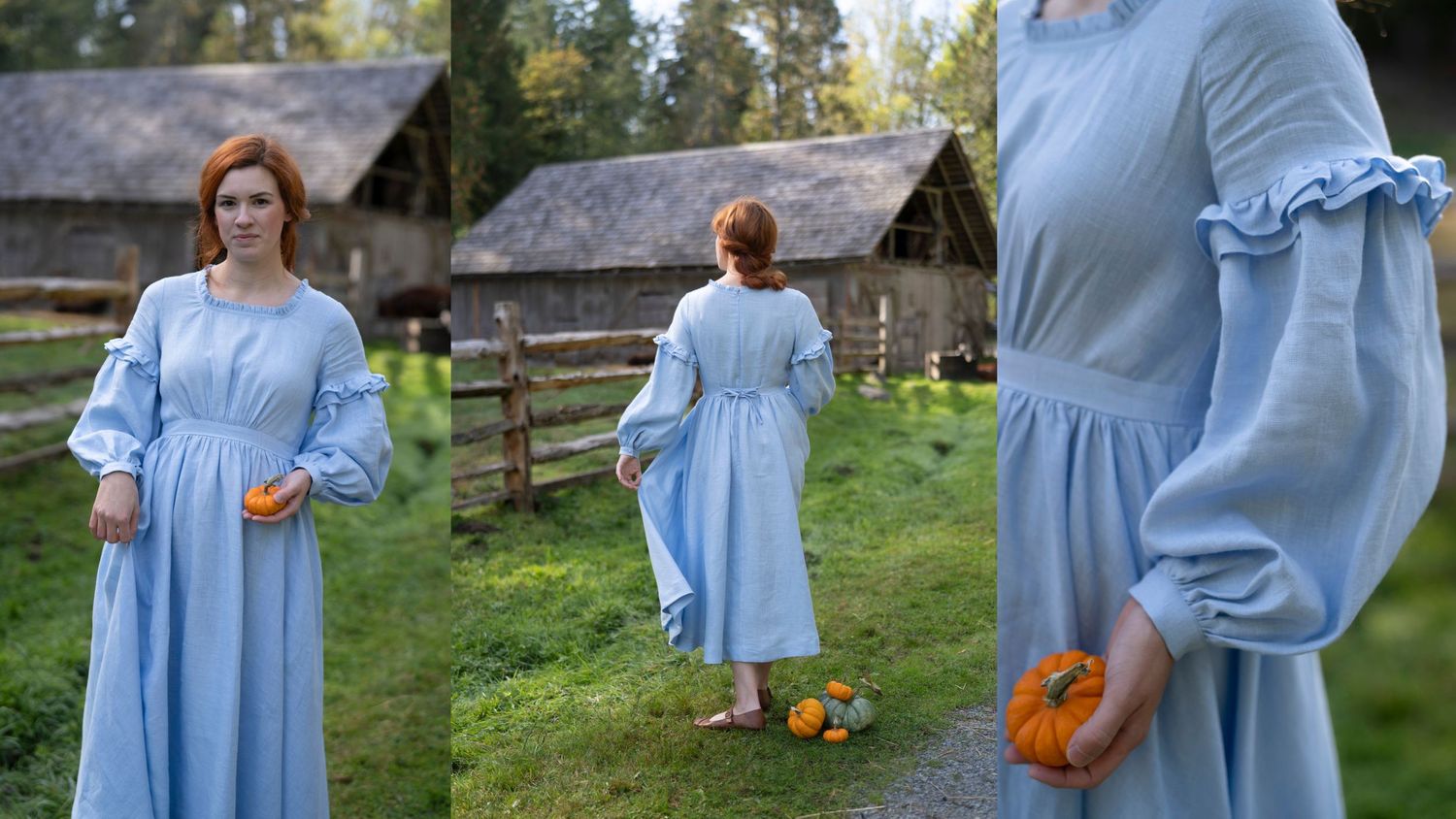 Light blue prairie dress with puff sleeves shown in a rustic farm setting with orange shoes.