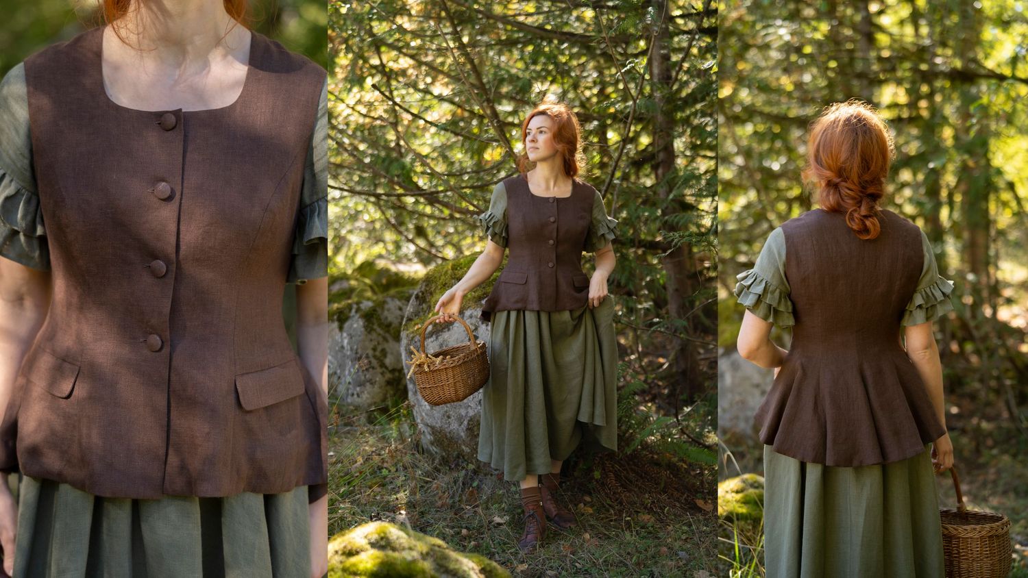 Victorian-inspired outfit with green dress and brown vest captured in a wooded setting.