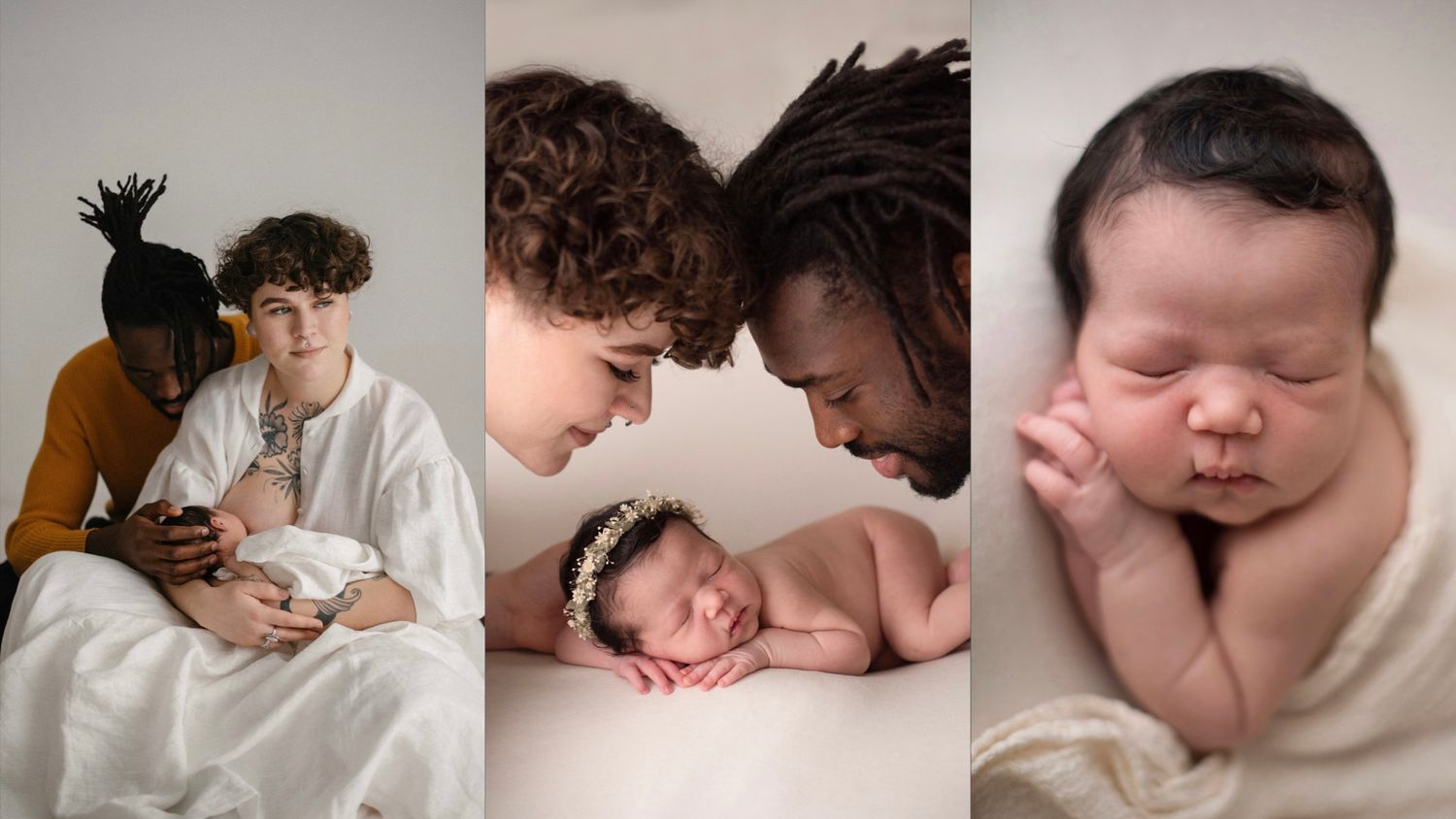 Three artistic newborn photos showing tender moments between parent and baby wrapped in soft neutral tones.
